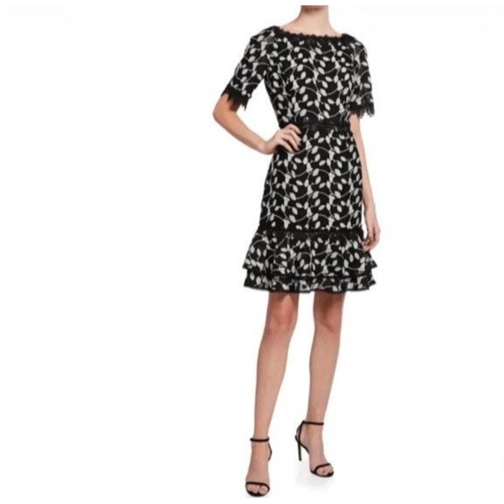 SHANI NEW NWT Black White Floral Lace Trim Sheath Dress Knee Length Sz 8 $350